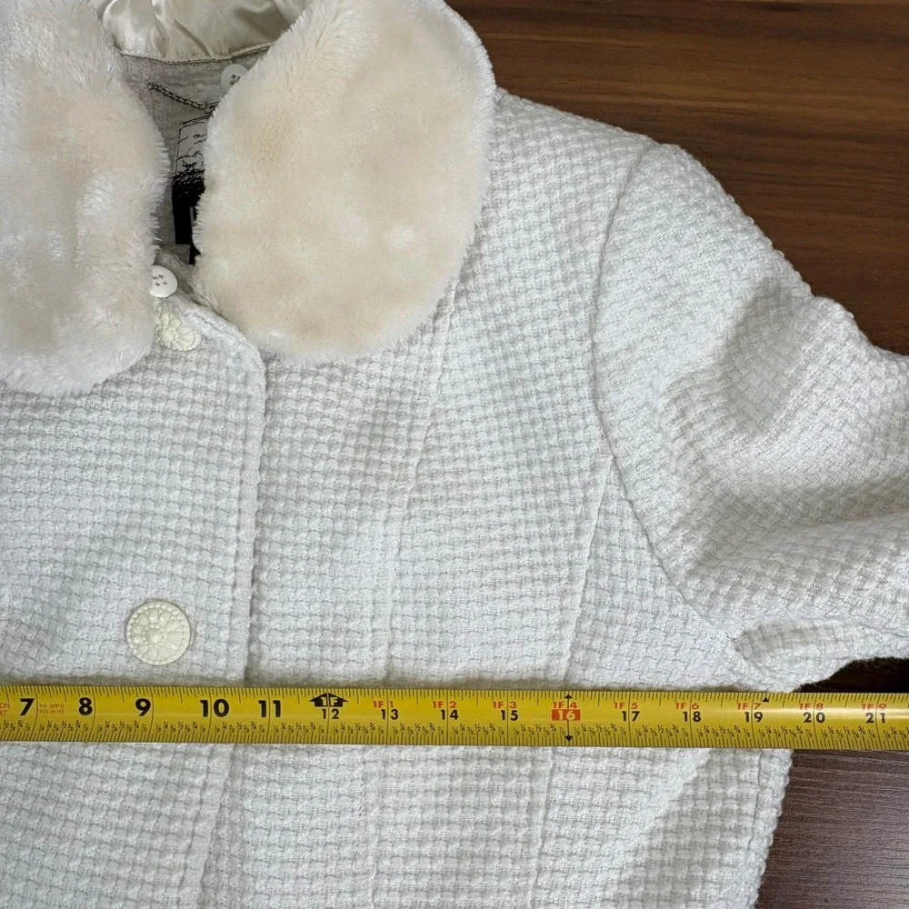 Kensie Womens Pea Coat Faux Fur Removable Collar White Peplum Waffle Knit Size L